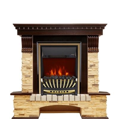 Электрокамин угловой Pierre Luxe с очагом Aspen Brass Royal Flame, сланец и шпон темный дуб