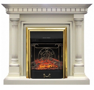 Электрокамин Dallas с очагом Majestic Brass FX, слоновая кость с патиной Royal Flame