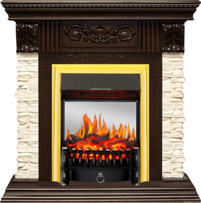 Электрокамин Luxemburg с очагом Fobos FX M Brass Royal Flame, cланец и темный дуб с очагом