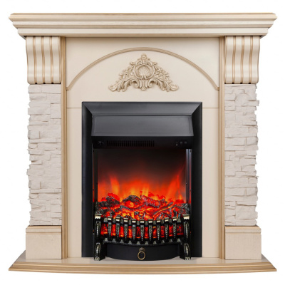 Электрокамин Athena WT с очагом от RealFlame Fobos Black, шпон беленый дуб с патиной и сланец бежевый